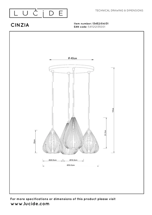 Lucide CINZIA - Pendant light - Ø 55,5 cm - 4xE27 - White - technical